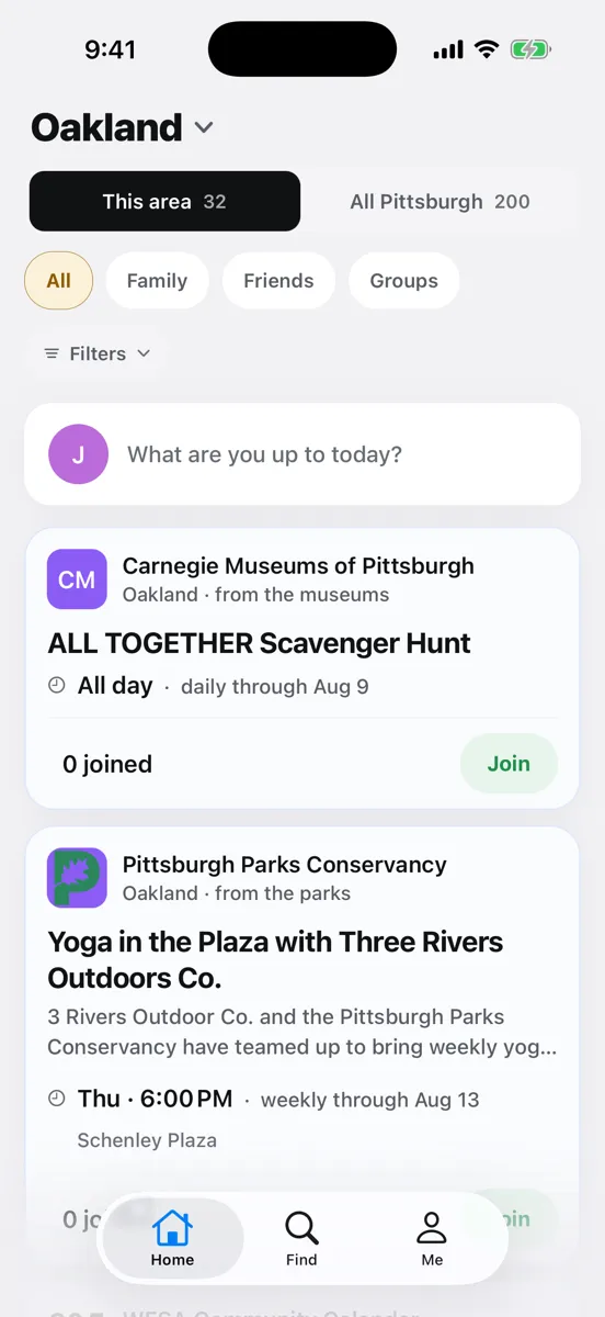 The Yinzlist feed for Oakland, showing a scavenger hunt at the Carnegie Museums and yoga in Schenley Plaza.