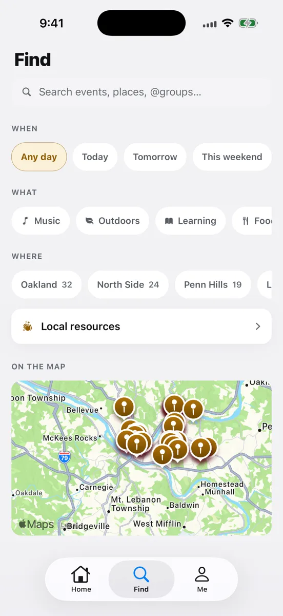 The Find screen: search, filters for today and this weekend, neighborhoods, and a map of Pittsburgh with event pins.