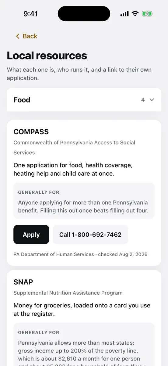 The Local resources screen with the Food category open: COMPASS and SNAP, each with who it is generally for, an Apply button, a phone number, and the date it was last checked.